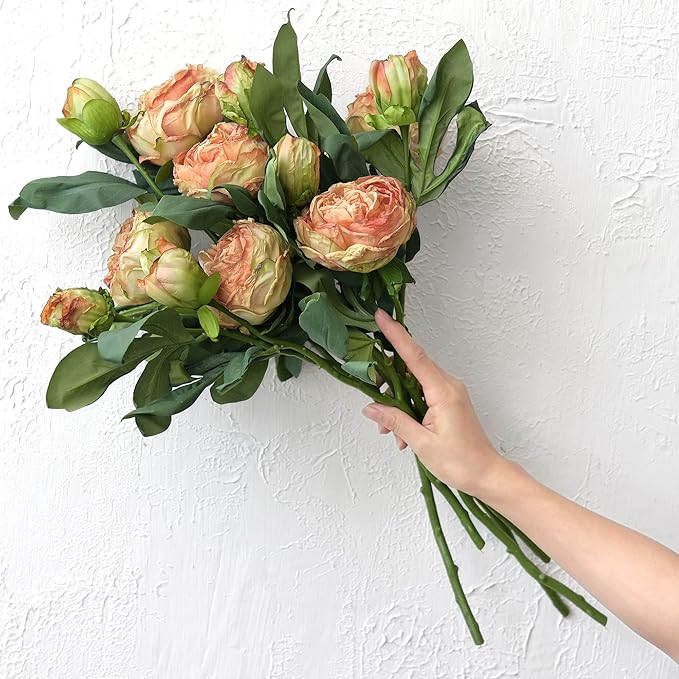 FiveSeasonStuff Vintage Dusty Coral Pink Peonies – Realistic Artificial Silk Flowers with Dry-Look Petals, 6 Stems for Rustic Antique Home & Wedding Bridesmaids Bouquet Bridal Showers