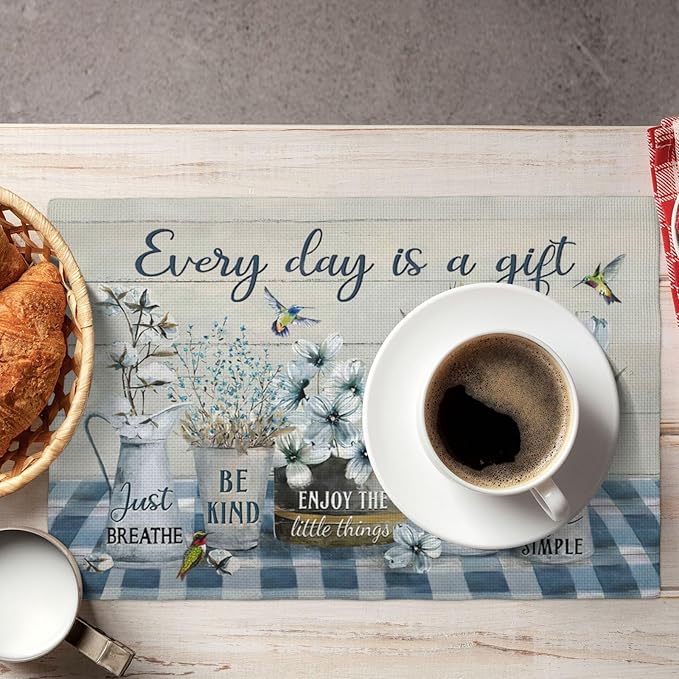 Farmhouse Spring Flower Placemats Set of 4 Every Day is A Gift Rustic Floral Double-Sided Table Mats for Dining Room Home Party Indoor 4 PCS 12x18 Inch