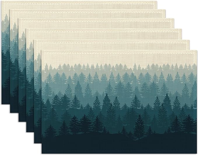 Misty Forest Placemats Set of 6,Washable Heat Resistant 12×18 Inch Linen Table Mats Natural Landscape Place Mats for Party Outdoor Dining Décor