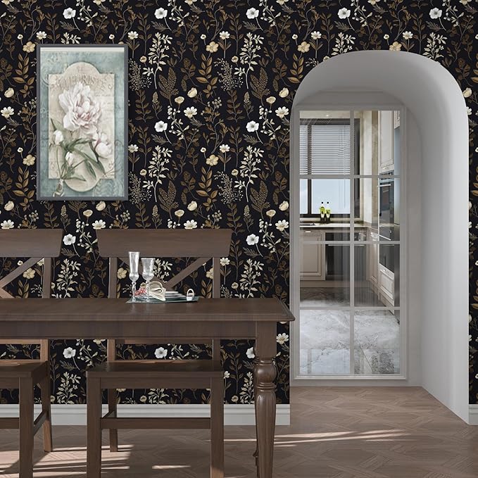Vintage Dark Floral Small Roll Peelable Wallpaper 17.5" x 78", Moody Black Leaf Botanical Contact Paper for Drawer and DIY Craft, Retro Self Adhesive Wall Paper Brown Taupe Wall Art Decor