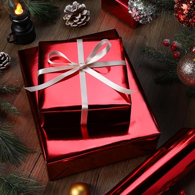 LaRibbons Red Metallic Wrapping Paper, 30 Inch X 33 Feet (82.5sq.ft) Solid Color Paper Roll, Gift Wrapping Paper Rolls for Wedding, Birthday, Christmas, Baby Shower