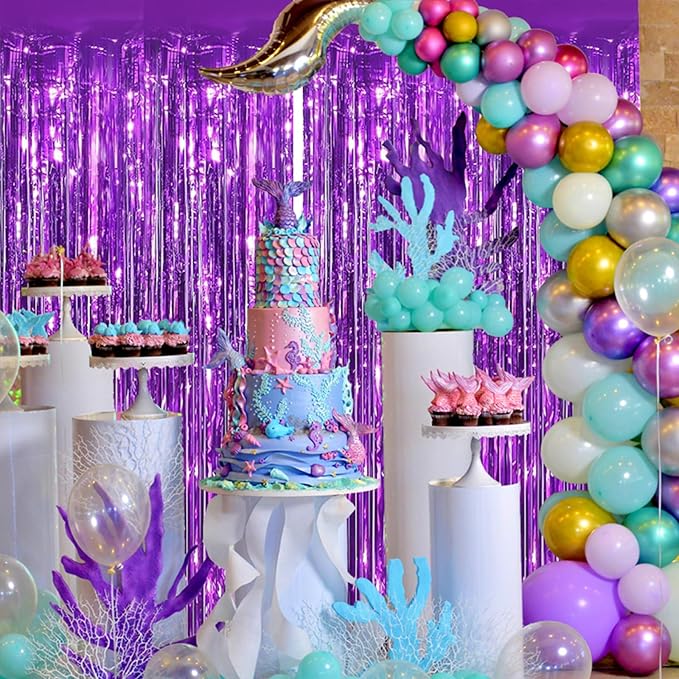 Keyali 2 Pack 3.3 * 8.3 ft Foil Curtain Metallic Tinsel Fringe Curtains Photo Booth Props Backdrop for Birthday Wedding Engagement Baby Shower Christmas Holiday Celebration Partyl,Purple