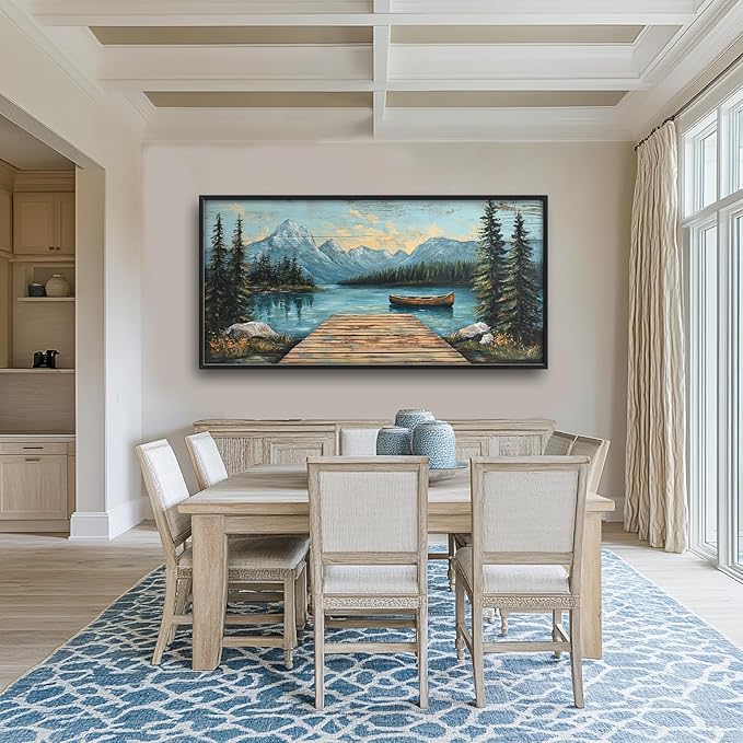 Rustic Lake Large Wall Art Forest Mountain Pictures Wall Decor Nature Landscape Big Canvas Painting Prints Framed Artwork Home Decorations Above Bed for Bedroom Living Room Dining Room 60"x30"
