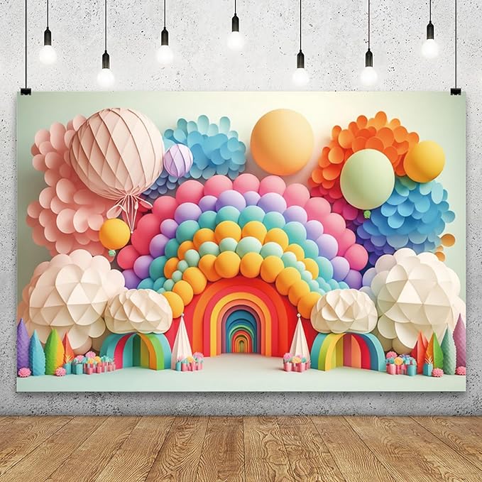 YongFoto Paper Flowers Backdrop 8x6ft Colorful Cut Paper Floral Blossom Rainbow Arch Hot Air Balloon Honeycomb Ball Photography Background Lovely Party Banner Home Decor Photo Studio Booth Props