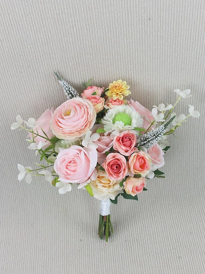 Rinlong 1Pc Pink Bridesmaids Bouquet Artificial Wedding Bouquets for Bride Bridesmaid Silk Bouquet for Homecoming Prom