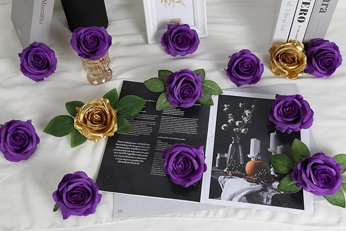 20pcs Purple Roses Artificial Flowers Fake Roses Real Looking Silk Flowers Bulk Big Faux Roses with Stems for Wedding Centerpieces Table Home Party Decor Bridal Floral Arrangements (Purple)