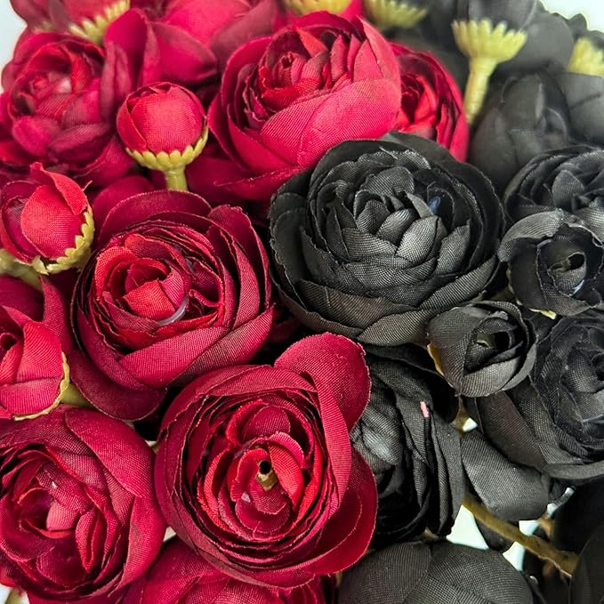 ASTRYAS 24Pcs Black Red Ranunculus Artificial Flowers, Silk Fake Ranunculus Wedding Bouquet for Halloween Home Decor Floral Arrangement Table Centerpieces(Red, Black)