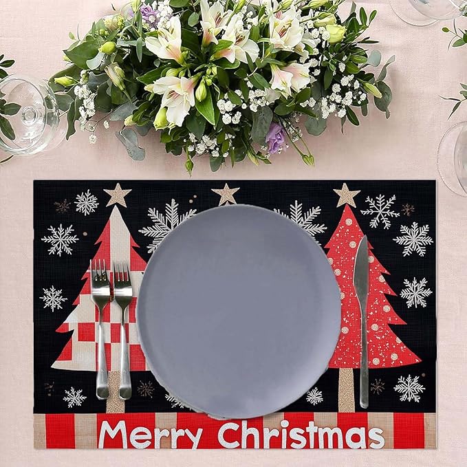 Merry Christmas Placemats Set of 4 Christmas Tree Snowflake Place Mats Washable Table Dinner Mats Linen Table Mats for Kitchen Dining Party Home Kitchen Decor 12x18 Inch