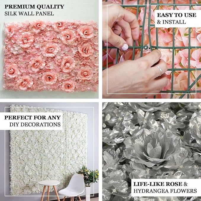 Efavormart 4 Pack 11 Sq ft. UV Protected Blush 3D Silk Rose & Hydrangea Flower Panel Wall Mat for DIY Party Centerpieces Decor