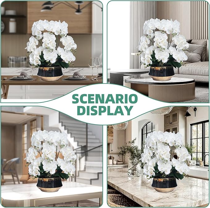 CXGS Orchids Artificial Flower Real Touch Faux Orchid in Large Ceramic Vase 23.6'' Realistic White Fake Phalaenopsis Floral Arrangements Centerpiece Table Home Indoor Decor