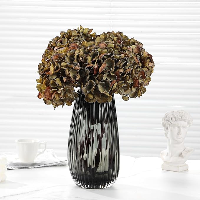 Fall Artificial Dried Hydrangea Flowers, Vintage Green Dried Look, Fall Faux Flowers, Single Stem (Autumn Green, 4pcs)