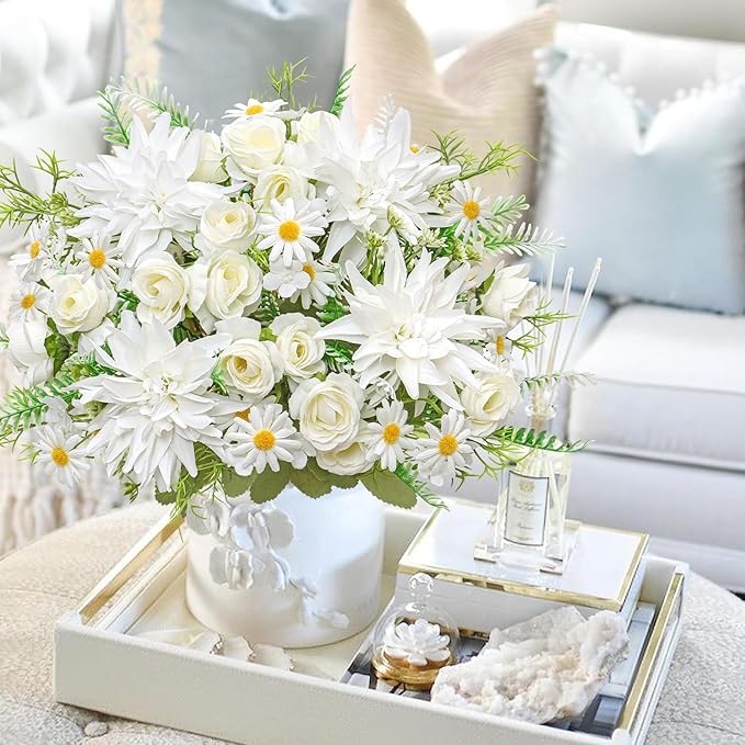 4PCS Artificial Flowers Dahlia Bouquet Fake Flowers White Silk Roses Daisies Faux Floral Arrangements for Dining Table Centerpieces for Kitchen Bridal Bouquet Wedding Party Home Decor