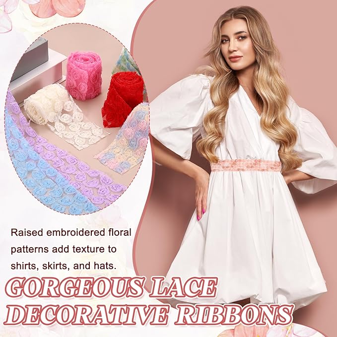 uxcell 2PCS Lace Trim Ribbon, 2.36 inch - 1 Yard 3D Rose Floral Embroidery Ribbons Edge Trimming for Sewing, Wedding Dress, DIY Crafts, Decoration Accessories, Dark Pink