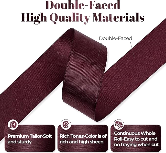 Burgundy Satin Ribbon, Double Faced 1 Inch X 50 Yards Burgundy Ribbon, Premium Satin Ribbon for Gift Wrapping, Crafts, Hair Bow Making, Sewing, Flower Bouquet, Wedding Party Decor