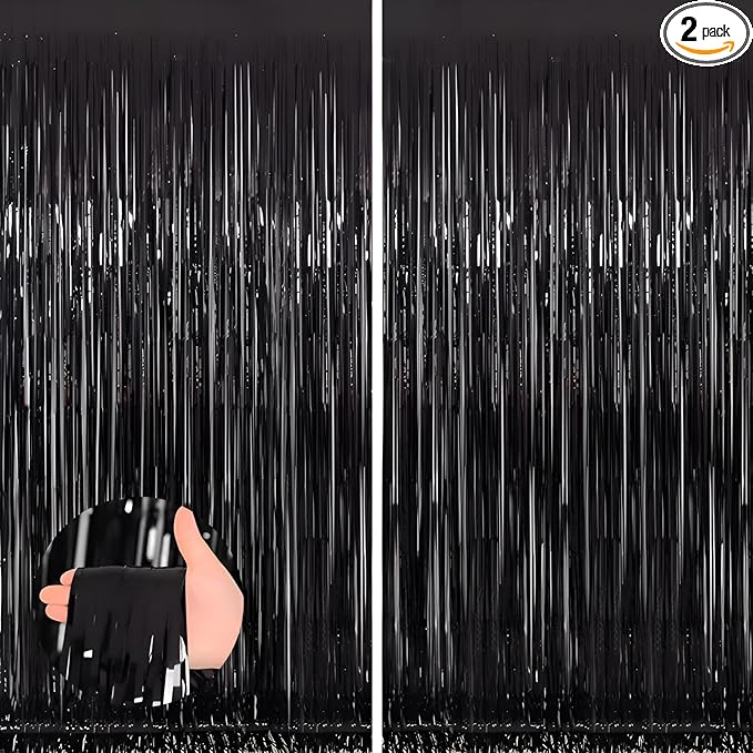 Keyali 2 Pack 3.3 * 8.3 ft Foil Curtain Metallic Tinsel Fringe Curtains Photo Booth Props Backdrop for Birthday Wedding Engagement Baby Shower Christmas Holiday Celebration Partyl,Black