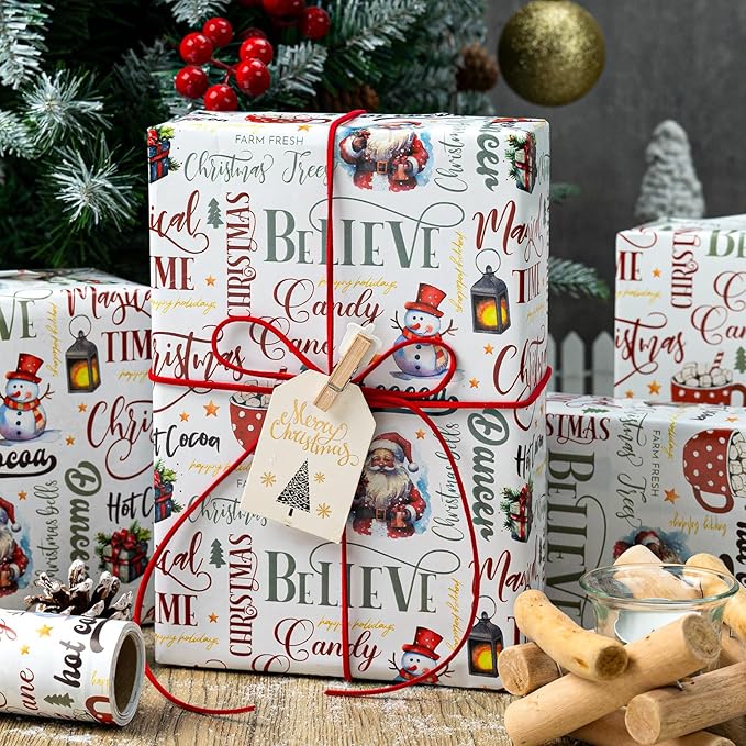 MAYPLUSS Christmas Wrapping Paper Roll - 17 In x 33 Feet - Cute Watercolor Santa Claus Snowman Christmas Gift Wrap Paper for New Year, Holiday, Kids