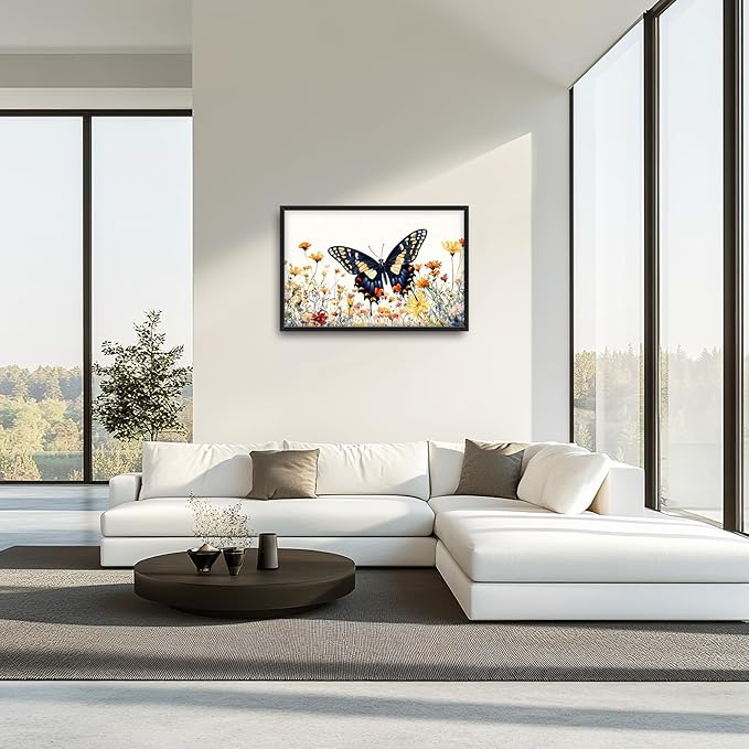Framed Large Pictures Wall Art for Living Room, Butterfly Oversized Wall Decor Colorful Butterfly Floral Canvas Print Painting Modern Extra Large Framed Artwork for Bedroom Office 36"x24"