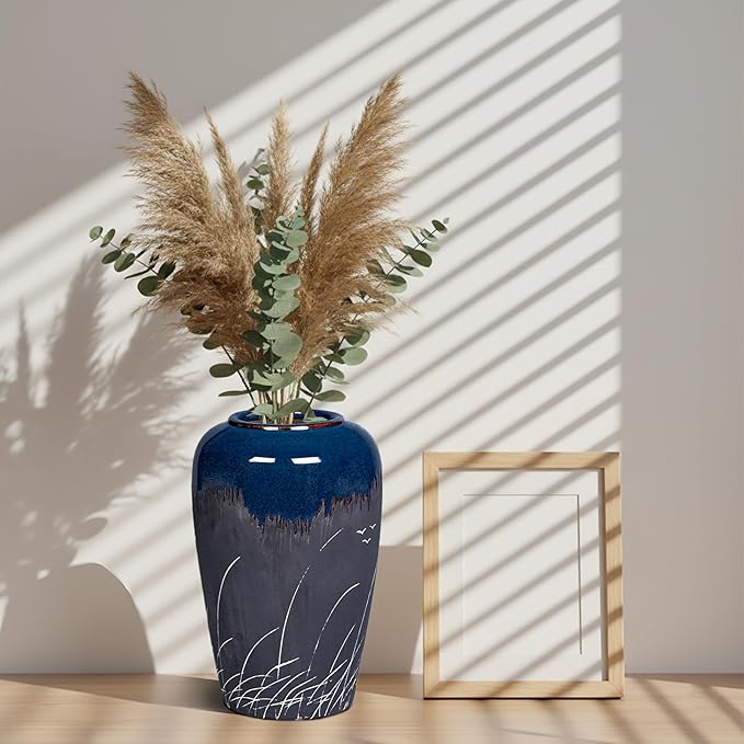 Black and Navy Blue Vase, 8 Inch Dark Blue Ceramic Vase for Flowers, Modern Decorative Vases for Home Decor, Coastal Living Room Decor, Navy Table Centerpiece