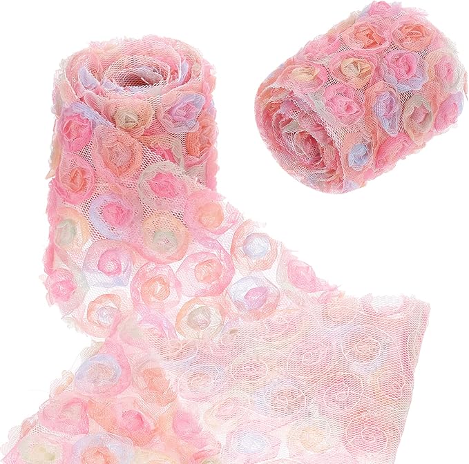 uxcell 2PCS Lace Trim Ribbon, 2.36 inch - 1 Yard 3D Rose Floral Embroidery Ribbons Edge Trimming for Sewing, Wedding Dress, DIY Crafts, Decoration Accessories, Pink Rose