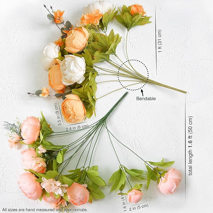FiveSeasonStuff Harvest Keepsake Artificial Peony Bouquet – Set of 2 Faux Silk Flower Bundles with Autumn Ivory, Orange & Greenery Accents for Fall Centerpieces, Weddings & Home Decor – 1.6 ft Stems