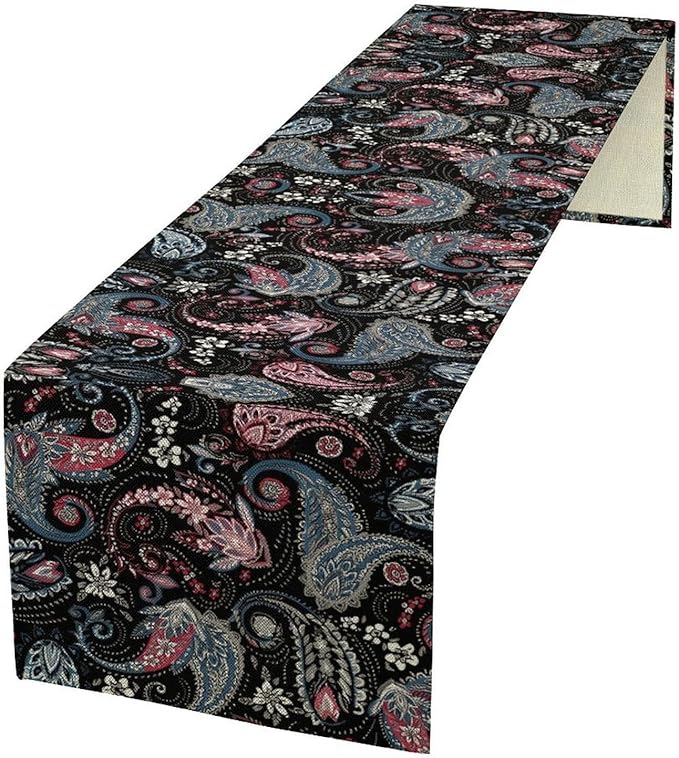 Bohemian Table Runner, Black Blue Pink Paisley Floral Boho Decor Table Runner for Kitchen Dining Home Party, 13x108 Inch