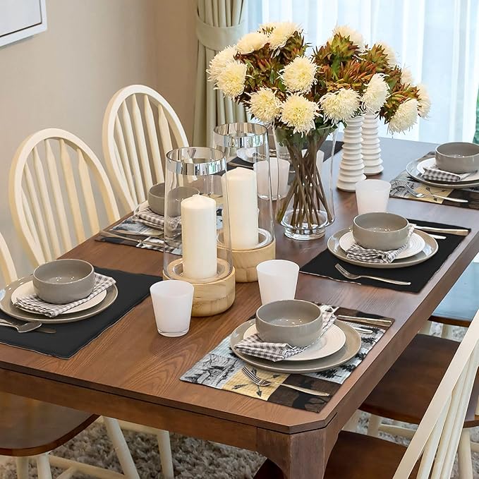 Rustic Lodge Bear Deer Placemats 6 Pcs,Vintage Cabin Pine Cone Plaid Place Mats,Linen Dining Table Mats Home Kitchen Decor, 18 X 12 Inch 6 PCS, Style-22