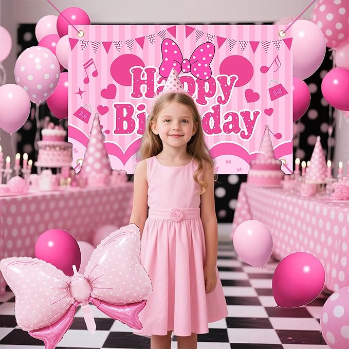Pink Birthday Party Decorations For Girls,Happy Birthday Banner,Pink Balloon Arch Kit,Foil Balloons,Cake toppers
