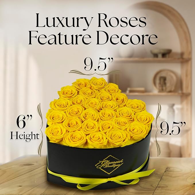 GLAMOUR BOUTIQUE 27 Flower Forever Heart Shape Box - Preserved Roses Gift for Her, Preserved Flowers, Yellow