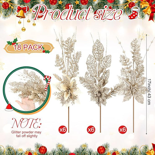 18 Pack 3 Styles 17 Inch Christmas Glitter Poinsettia Berry Stems Ornaments Artificial Floral Branches Picks for Christmas Tree Home Vase Holiday Party Decor(Champagne)
