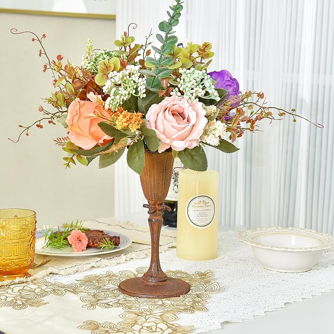 Sungmor Cast Iron Tabletop Flower Vase, Vintage Pretty Tulip Design, 8.6" Tall Decorative Centerpieces Flower Stand, Artificial Flower Arrangements Home Decor for Ceremony Birthday Holiday Event Party