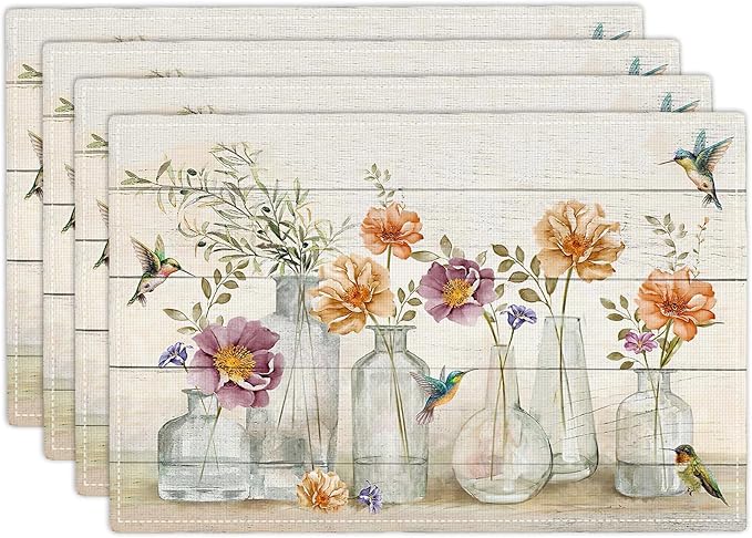 Floral Placemats Set of 4 Flower Hummingbird Table Mats Washable Place Mats for Home Party Indoor Kitchen Dining Table Decoration 12x18 Inch
