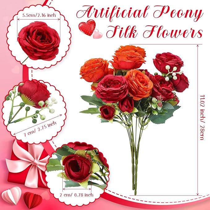 Geosar 16 Bundles Artificial Peonies Flowers Fake Silk Peony Bouquet Faux Peonies Flowers Bulk for Decoration Vase Floral Arrangements Wedding Party Table (Orange,Dark Red)