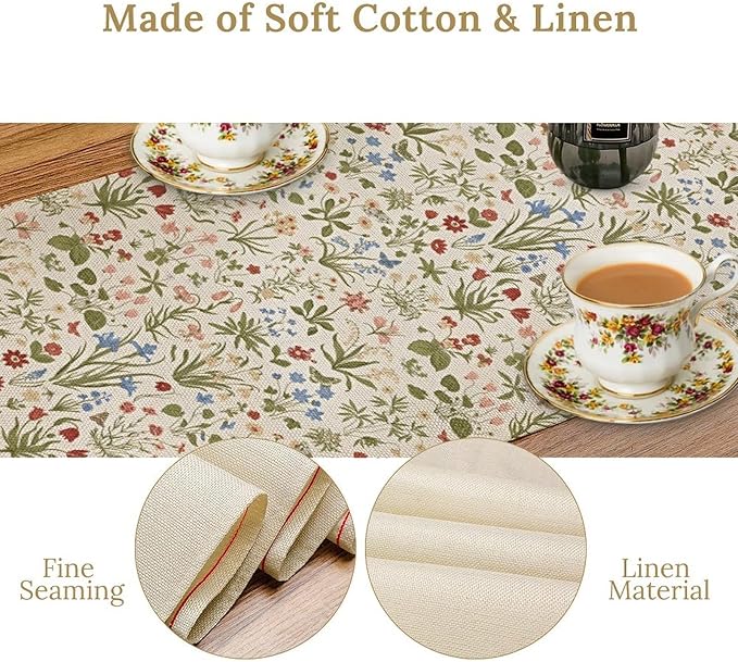 Vintage Floral Table Runner, Country Botanical Flower Farmhouse Home Decor Table Runner for Kitchen Dining Picnic Decoration, 13x60 Inch