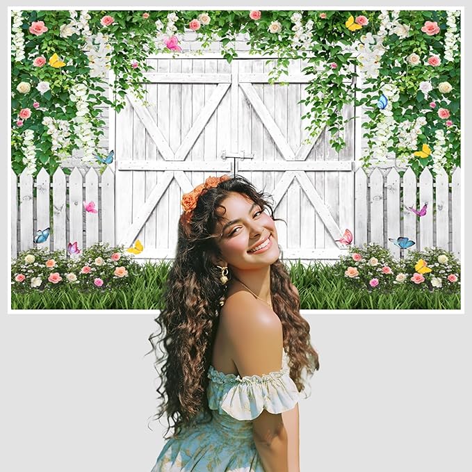 AOFOTO White Barn Door Floral Backdrop 8x6ft Spring Garden Background Banner Green Leaves Flowers Butterfly Wooden Door Backdrops Birthday Bridal Shower Wedding Banner Photo Booth Studio Props