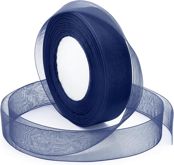 Bule Ribbon for Gift Wrapping, 1 inch 50Yard Sheer Organza Tulle Ribbon for Flower Bouquet, Navy Blue Gifts Wrap Chiffon Ribbons for Fathers Day, Wedding, Crafts, Birthday Party Decorations