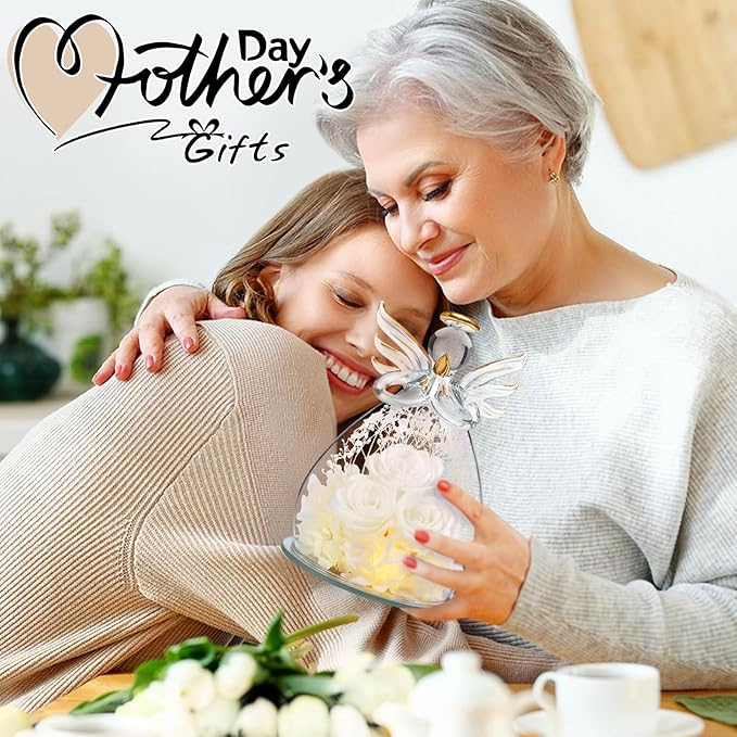 Beferr Christmas Birthday Gifts for Women, Mom Gifts for Christmas Fresh Flowers for Delivery Prime Forever Preserved Rose in Glass Angel Figurine Xmas Gifts for Grandma Wife Sister Her, White