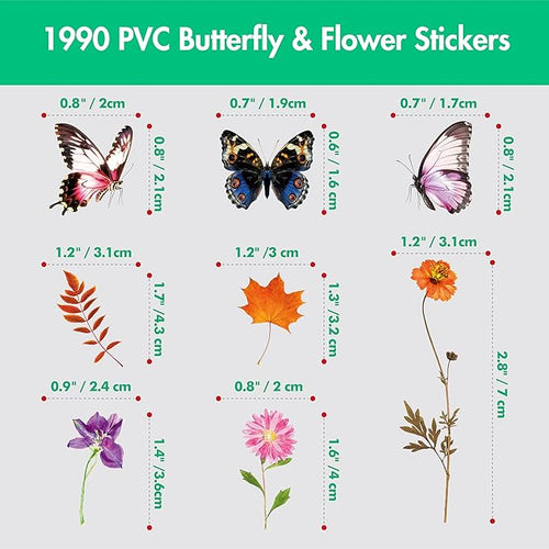 1990 PCS PVC Flower & Butterfly Stickers, Self-Adhesive Nature Floral Stickers for Scrapbook, Laptop, Journal, DIY Project, Spring-Themed Party Decors