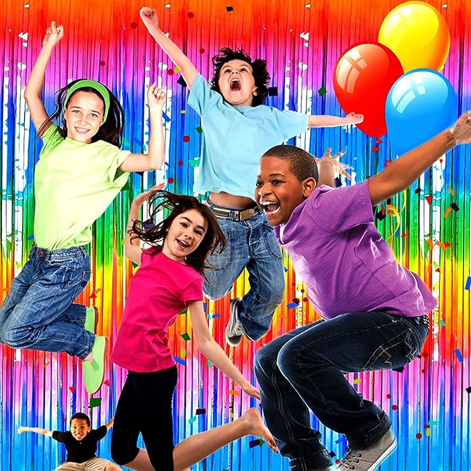 4 Pack Rainbow Tinsel Foil Fringe Curtain Backdrop, 3.28Ft x 8.2Ft Colorful Metallic Streamers for Photo Booth Props Wedding Bridal Shower Bachelorette Birthday Party Decoration New