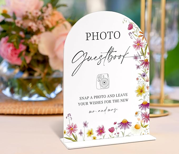 Photo Guest Book Sign for Wedding Table Decor, Wild Flower Arch Acrylic Wedding Signs for Reception, Love Is In Bloom Bridal Shower Floral Engagement Party Decorations, 6x8 Inch