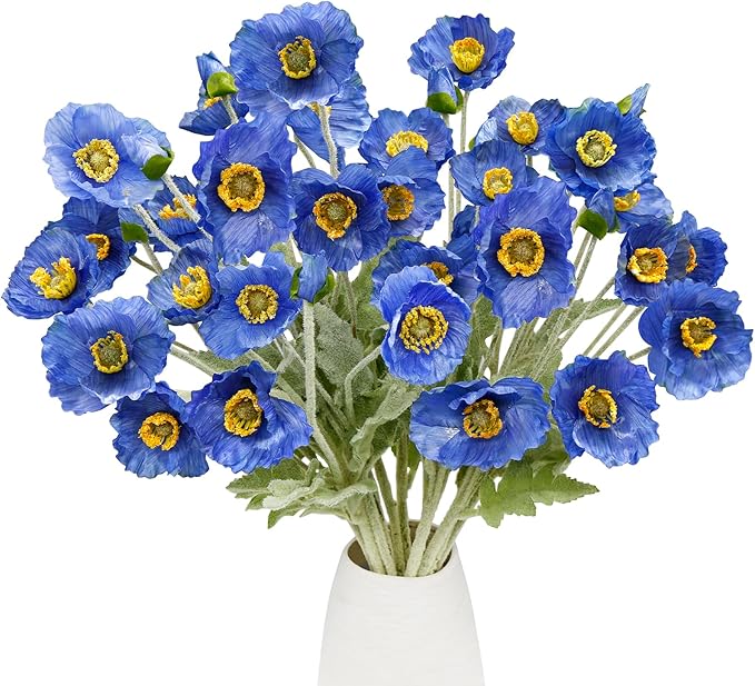 12PCS Poppy Flowers Artificial 23" Real Touch Stems Faux Poppies Silk Flowers for Home Decor Indoor (Dark Blue)