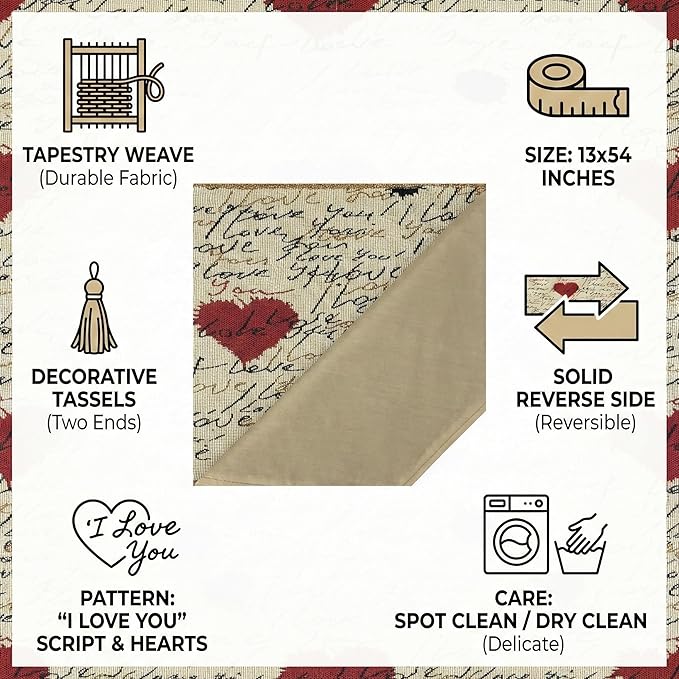 Tache Romantic Cursive Handwritten Love Letter Valentine Hearts Beige Table Runner - Vintage Farmhouse Woven Tapestry Kitchen Dining Dinner Linen Napery Cloth - 13 x 54 inches