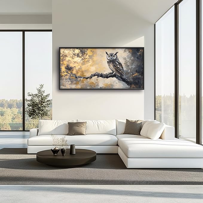 Owl Large Wall Art Framed Gold Wall Decor for Living Room Mountain Owl Pictures Oversized Canvas Print Painting Modern Extra Large Framed Artwork for Bedroom Office Home Decor 60"x30"