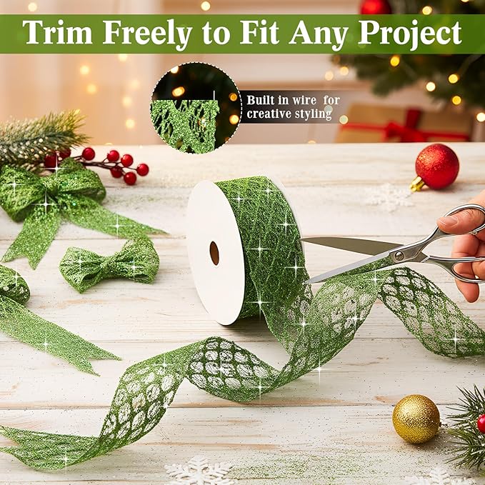 Geosar 20 Yards Green Glitter Mesh Wired Ribbon for Christmas Tree Decorations, Gift Wrapping, DIY Craft, Xmas Wreaths, Cabinet Decor (2.5 Inch)
