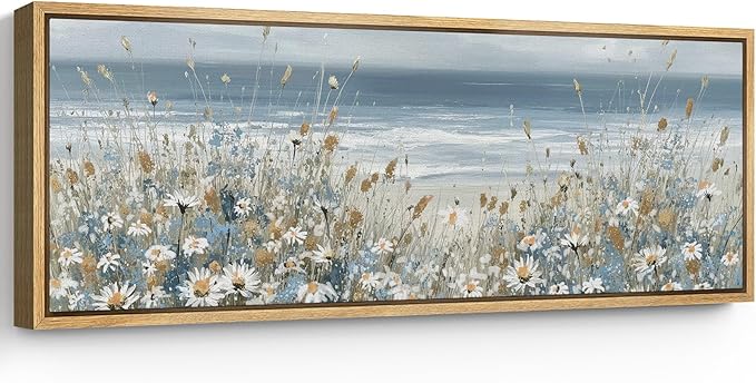 SIGNFORD Large Framed Canvas Print Wall Art Coastal Wildflowers Beach Meadow Landscape in Soft Blue and Beige Tones Illustrations Modern Art Relax/Calm Warm for Living Room, Bedroom, Office - 60"x20"