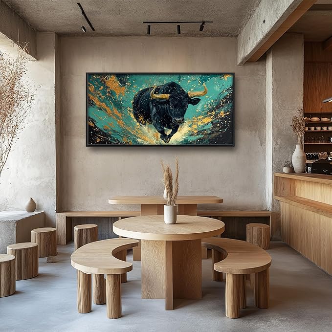 Large Highland Cow Wall Art for Living Room, Framed Oversized Bison Buffalo Wall Decor, Teal and Gold Canvas Painting Modern Artwork for Living Room Bedroom Office Dining Room 60"x30"