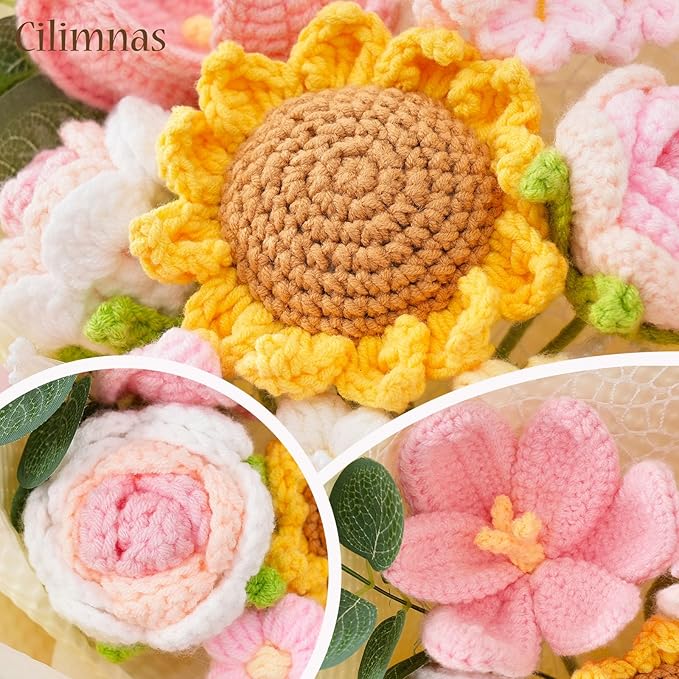 Cilimnas Crochet Flower Bouquet,Pink Knitted Flowers, Handmade Sunflowers Tulips Roses Bouquet for Birthday Anniversary Party Mother's Day Graduation Gifts