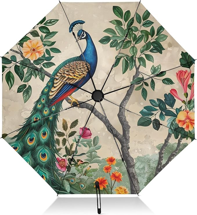 Automatic Folding Umbrella Windproof Strong, UV Protection Compact Floral Hydrangea Hummingbird Sun Rain Sun Rain Travel Umbrellas for Women Men