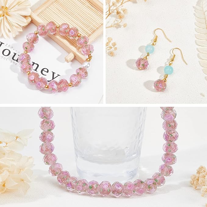 PH PandaHall 45pcs 11~12mm Gold Sand Lampwork Beads Glass Handmade Round Loose Beads for Rosary Making Jewelry Craft Making with 2mm Hole - Gloden Pink