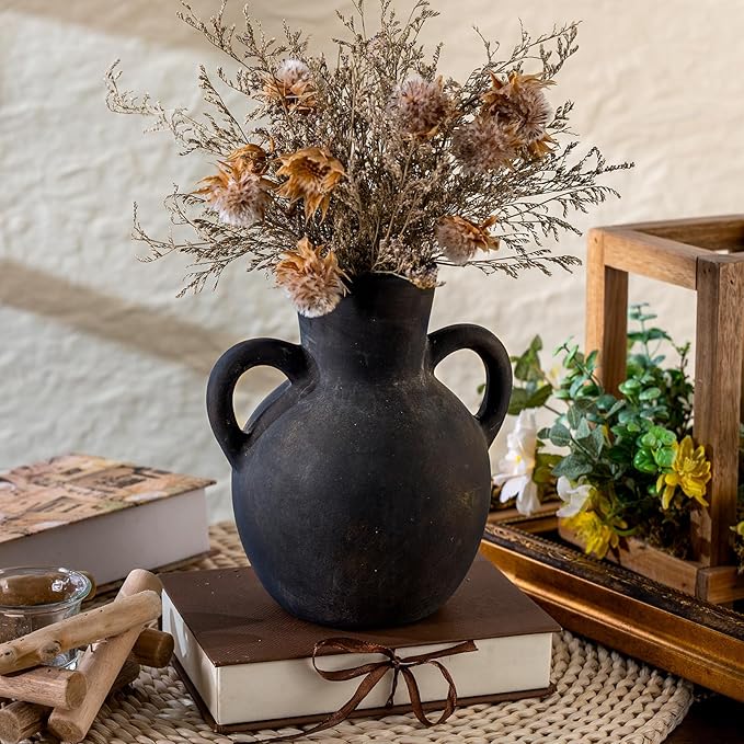 Rustic Ceramic Farmhouse Flower Vase with 2 Handles, Whitewashed Terra Cotta Vase, Decorative Pottery Flower for Home Decor, Table, Living Room, Shelf Decor, 7.3 Inch, Bronze