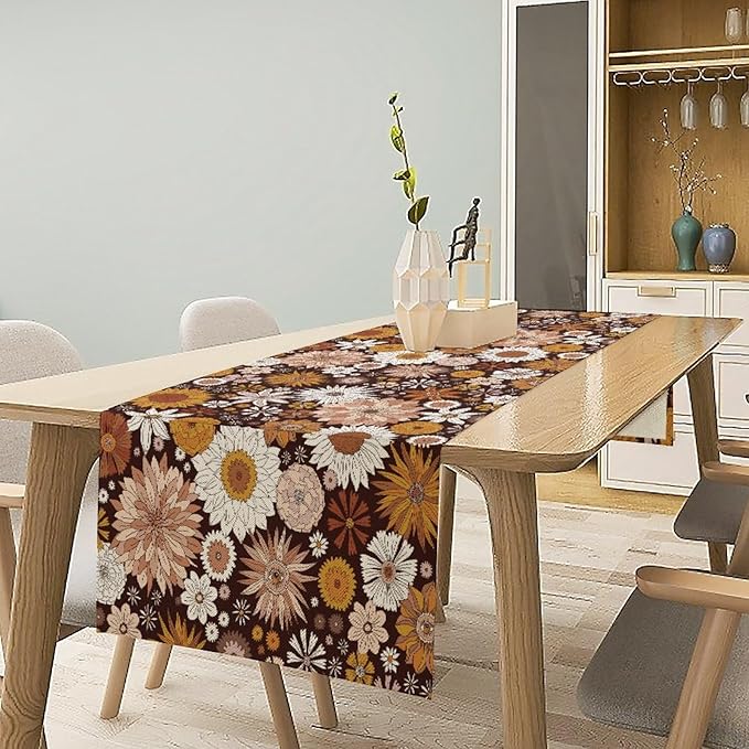 Boho Floral Table Runner, Vintage Country Farmhouse Daisy Flowers Modern Kitchen Dining Room Decoration for Indoor and Outdoor Wedding Party Banquet Table Runner 13x108 Inch